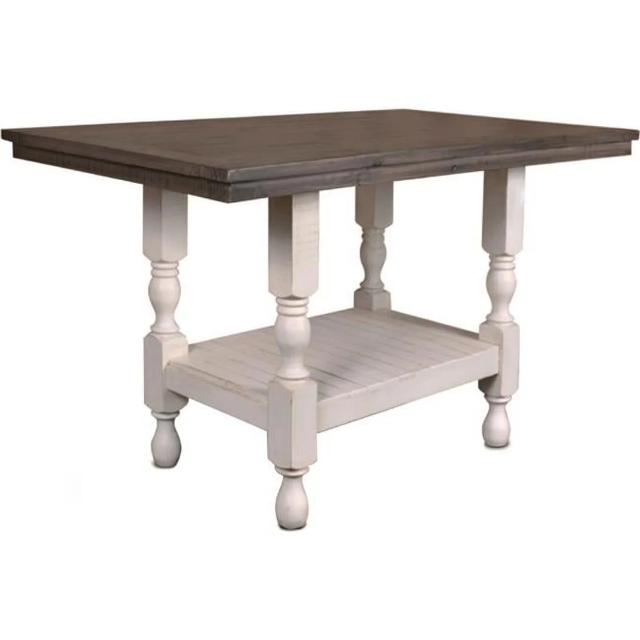 60 in. Rustic French Rectangular Counter Height Dining Table with Pub High Top & Home Bar Furniture, Distressed White & Brown Solid Wood