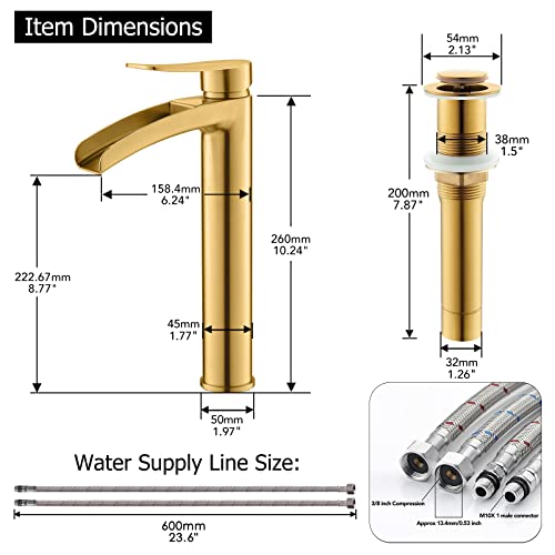 Phiestina Brushed Gold Tall Bathroom Vessel Sink Faucet, Single Hole Single Handle Waterfall Modern Bathroom Faucet, with Pop Up Drain and Water Supply Line, NS-SF01-BG-V