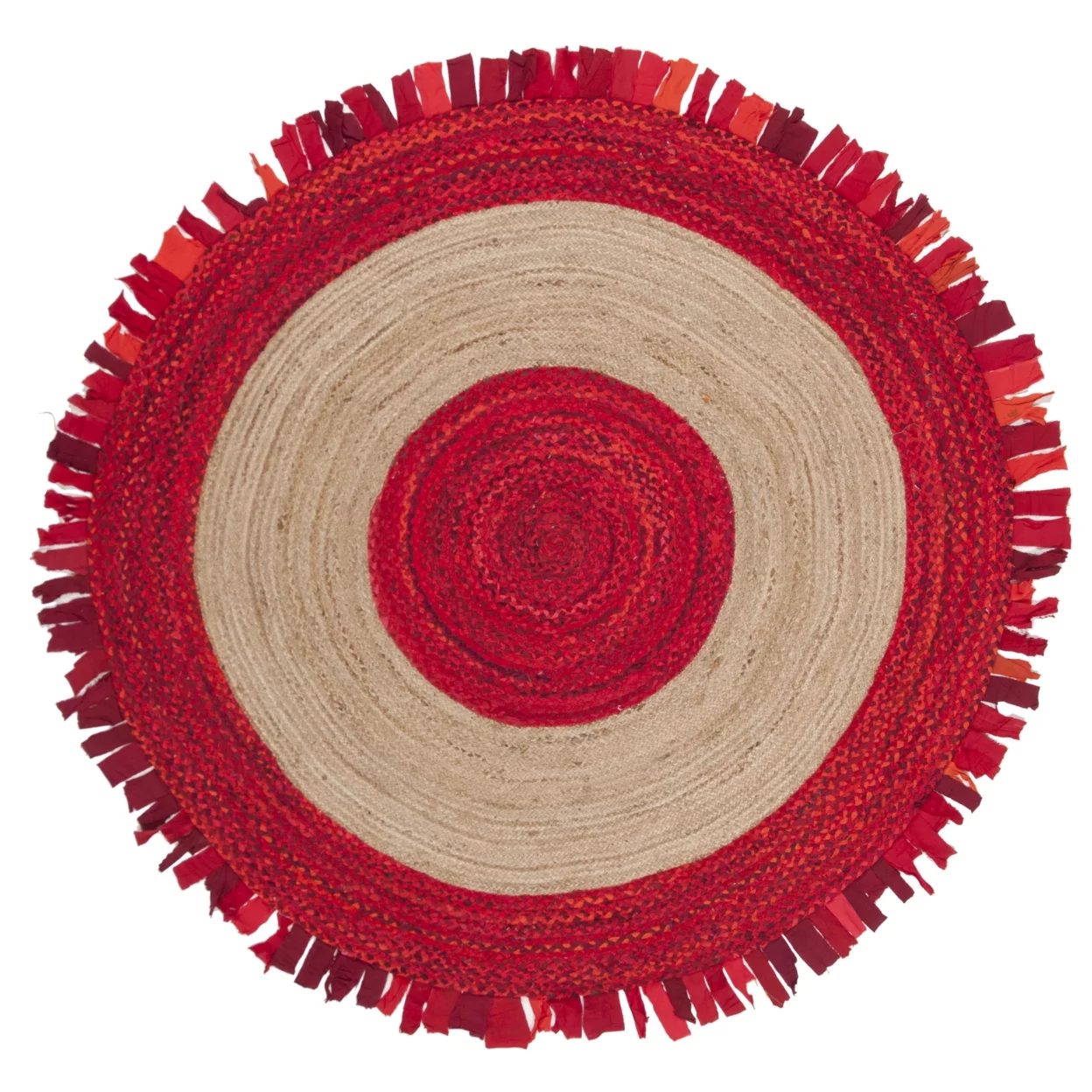 SAFAVIEH Cape Cod Susan Braided with Fringe Area Rug, 5' x 5' Round, Red/Natural