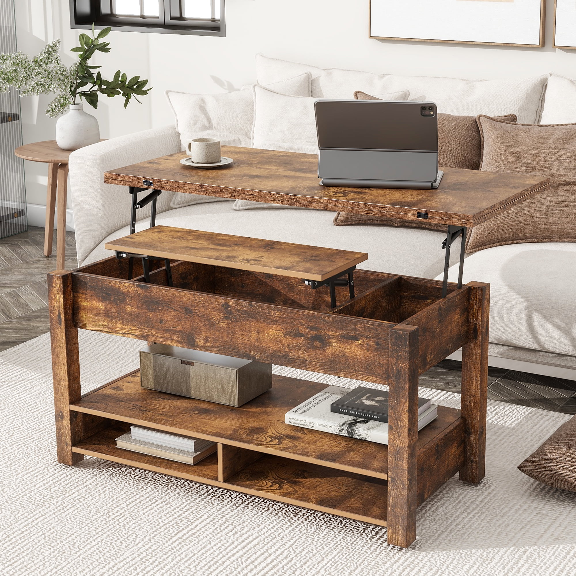 Smart FENDEE Lift Top Coffee Table with 3 Shelves,Wood Center Table, Living Room,41.7