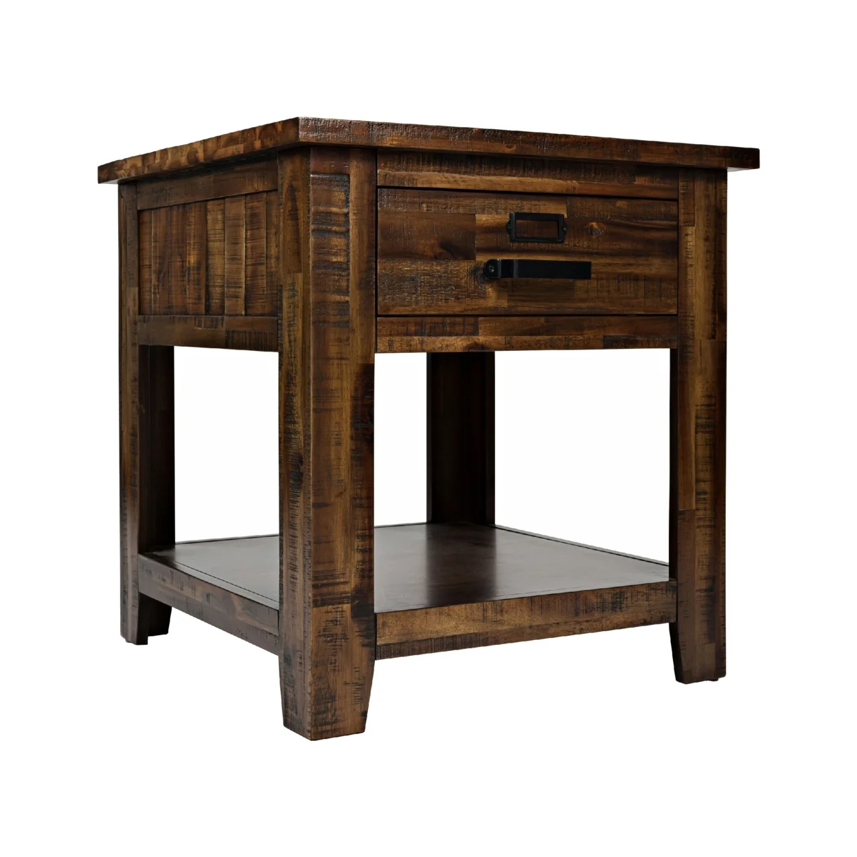 End Table with 1 Drawer and Plank Style, Rustic Brown- Saltoro Sherpi