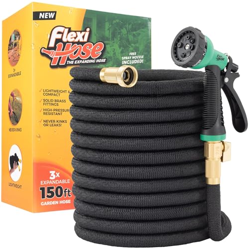 Flexi Hose with 8 Function Nozzle, 50FT - Lightweight Expandable Garden Hose, No-Kink Flexibility, 3/4 Inch Solid Brass Fittings and Double Latex Core