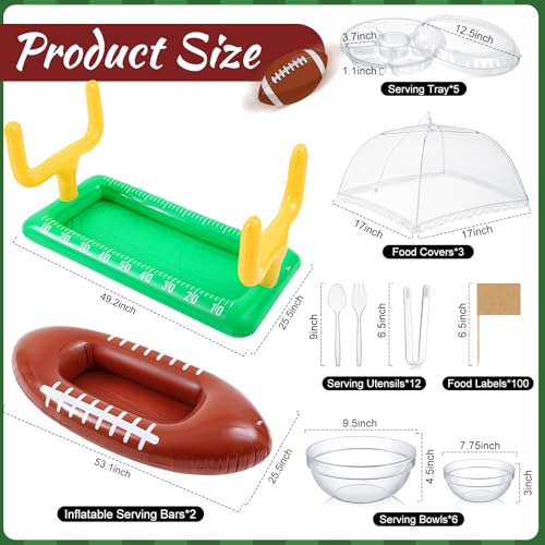 128 Pcs Inflatable Buffet Cooler for Parties 2 Football Inflatable Serving Bar 6 Salad Bowl 3 Food Cover 12 Serving Utensils 5 Tray 100 Labels Football Party Decorations
