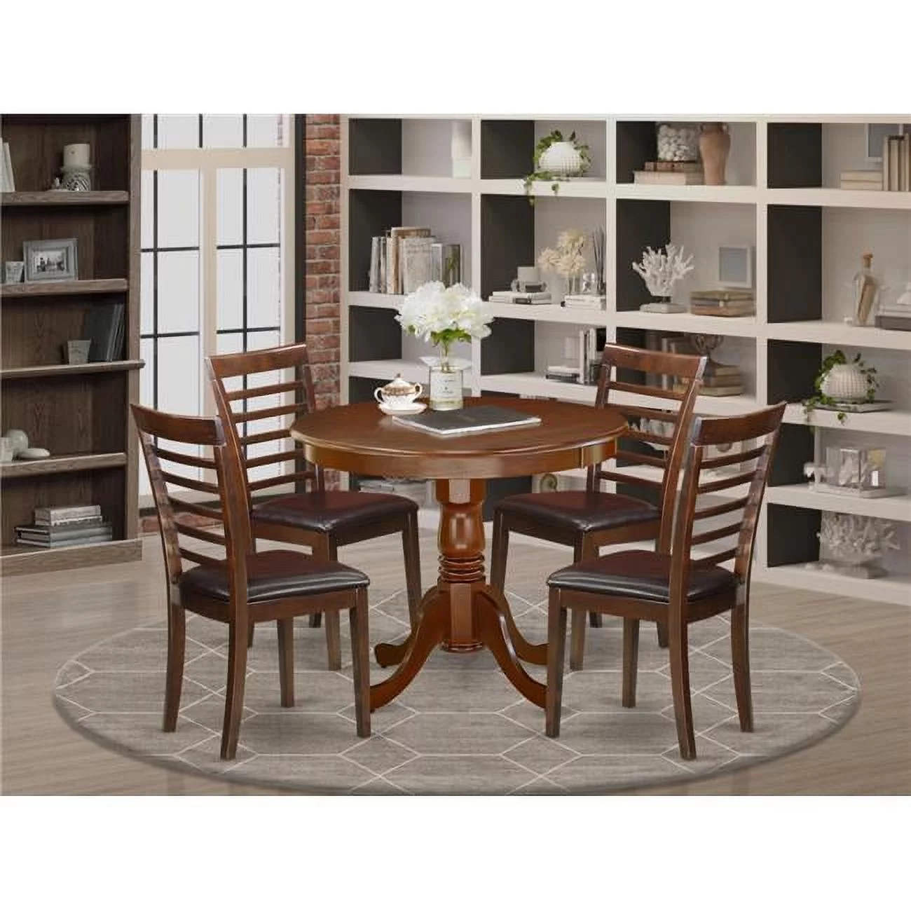 East West Furniture  36 in. Antique Round Dining Table & Four Dining Faux Leather Seat Chairs - Mahogany, 5 Piece