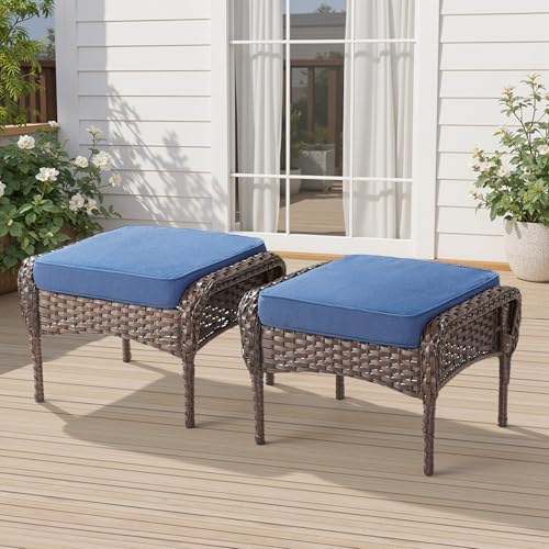 7 Pieces Outdoor Furniture Set with Swivel Chairs, Wicker Swivel Rocker Patio Chairs Set of 4 Outdoor 3 Seater Sofa with Ottomans Wicker Patio Conversation Set for Deck Porch Backyard, Blue