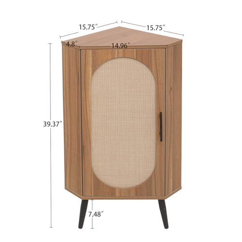ZeHuoGe Corner Storage Cabinet w/Rattan Door,Corner Display Cabinet with Cane Webbing,Floor Corner Cabinet w/Storage Shelves for Living Room,Kitchen