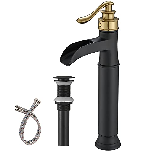 BWE Vessel Sink Faucet Waterfall Matte Black with Pop Up Drain Without Overflow and Supply Lines, Black Sink Faucet Bathroom One Handle Faucets Vanity Bath Mixer Tap