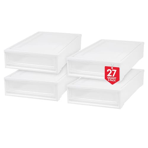 IRIS USA 17 Qt. Plastic Drawer Storage Organizer Stacking Drawers, 4-Pack, Stackable Unit with Sliding Drawer for Clothes Bedroom Kitchen Under Sink Pantry Craft Room Bathroom Dorm Office, White