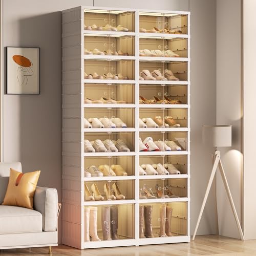 Foldable Shoes Rack Organizer Clear Plastic Shoes Rack for Closet Shelf Collapsible Large Shoes Storage Box Stackable Easy Assembly Shoe Cabinet with Lids and Door(9-tier for 18-36 Pairs)