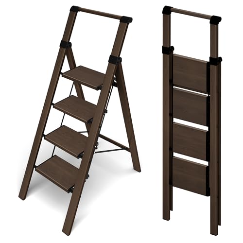 HillhutApex 3 Step Foldable Aluminum Step Ladder with Handgrip, Anti-Slip Pedal, 330 lbs Capacity, Lightweight & Portable for Home, Kitchen, Office, Garage (Gold)