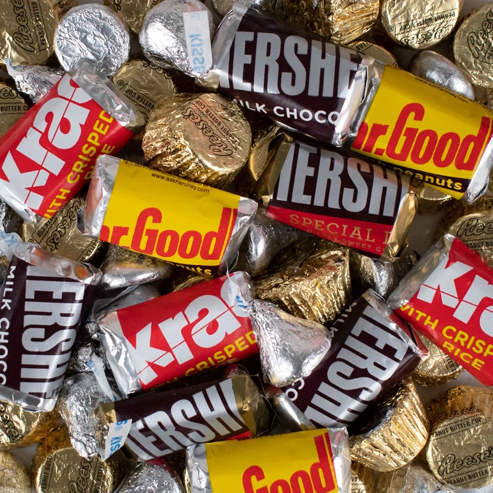 Easter Candy Gift Tin (Plastic Tin with Approx. 1lb Candy, 60 pieces) Kisses Chocolate, Miniatures & Peanut Butter Cups - Eggs & Flowers