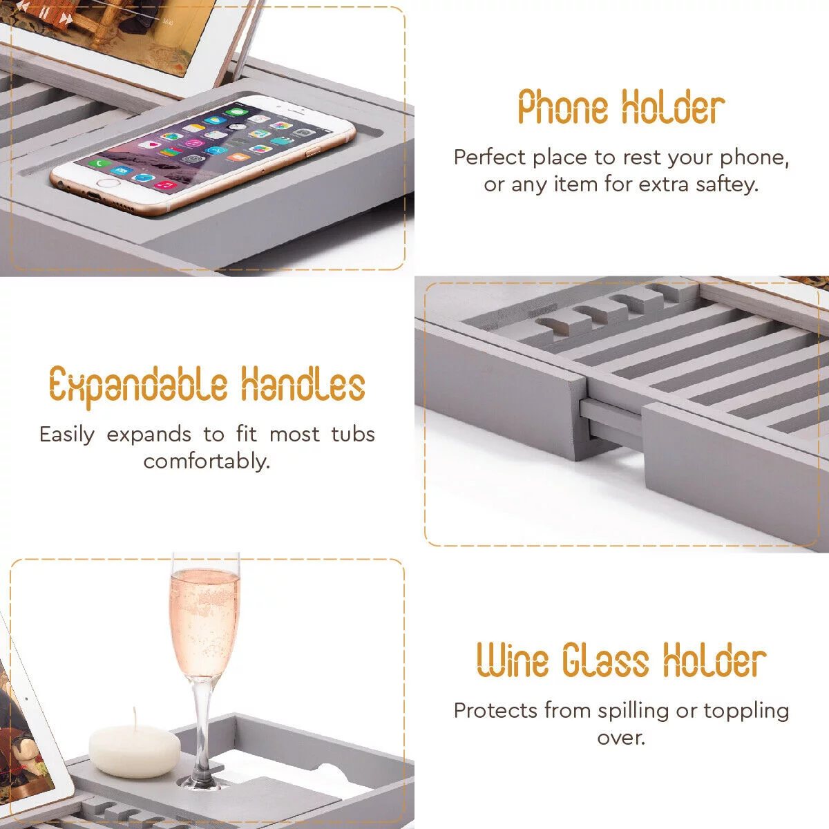 Bambusi Bathtub Caddy with Extendable Sides, Wine Glass Holder, Book Stand and Phone Tray