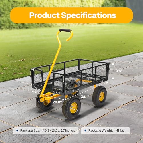 VIVOHOME Heavy Duty 880 Lbs Capacity Mesh Steel Garden Cart Folding Utility Wagon with Removable Sides and 4.10/3.50-4