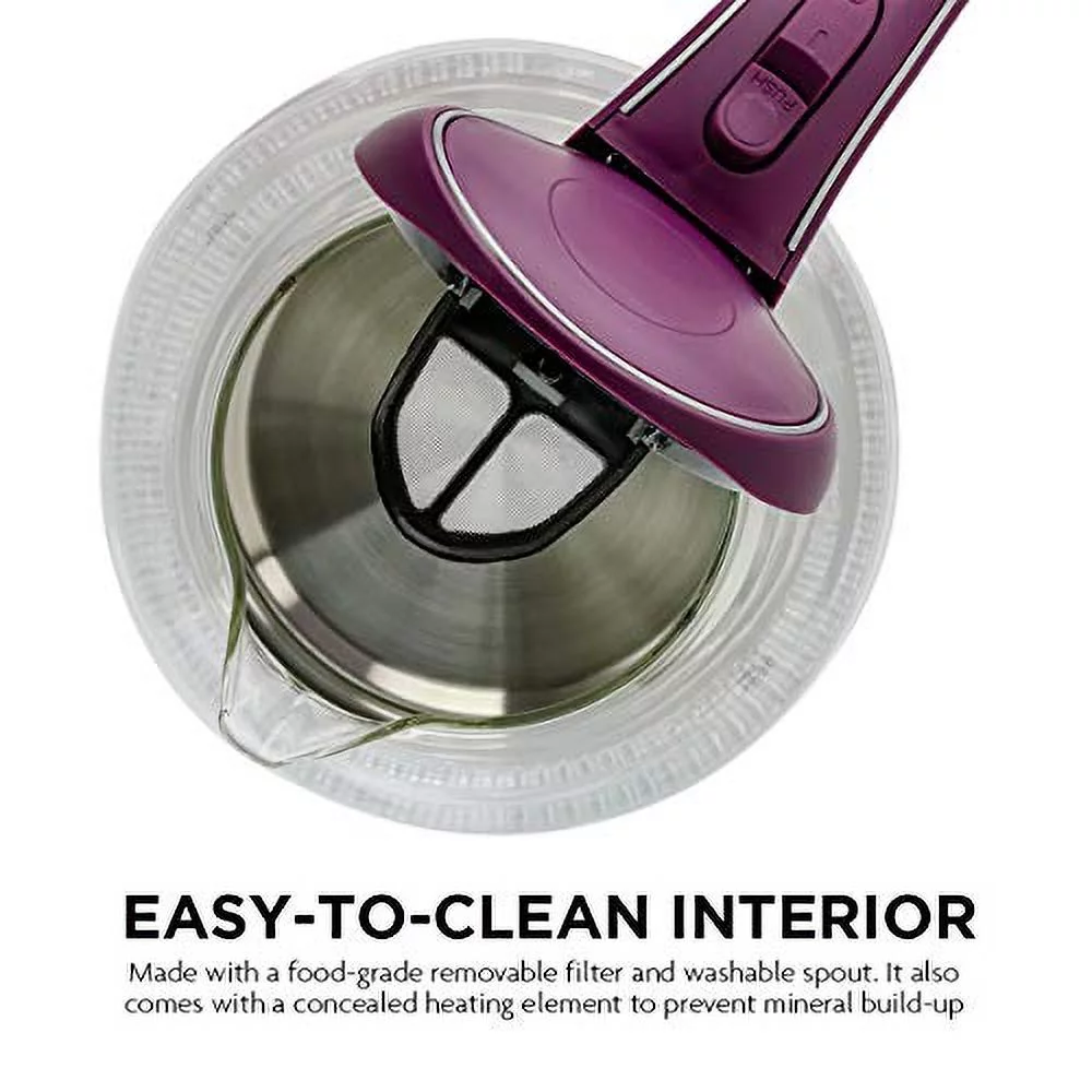 Ovente Electric Hot Water Portable Glass Kettle with Filter 1.5 Liter Stainless Steel Base Countertop Teapot & Auto Shutoff BPA-Free Fast Heating, Boil Dry Protection, Brew Coffee & Tea, Purple KG83P