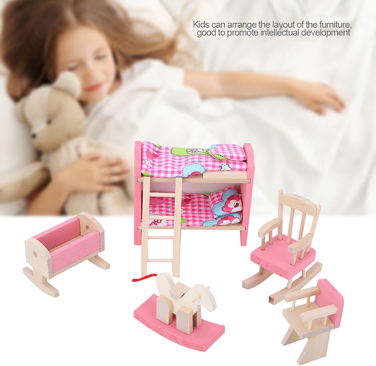 Alomejor Wooden Dollhouse Furniture 6 Different Rooms Wooden Furniture with Cushion and Towel for 1:12 Dolls or Dollhouse (Children's Bedroom)