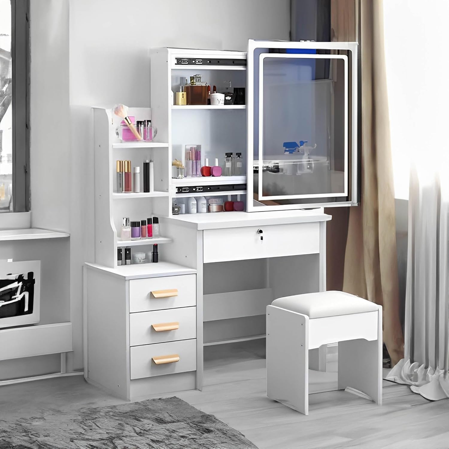 Vanity Desk with Mirror and Lights, Makeup Desk with Drawers and Shelves,3 Color Lighting Brightness Adjustable,Modern Makeup Vanity Table Set with Stool for Woman,Girl,Hidden Storage Space,White