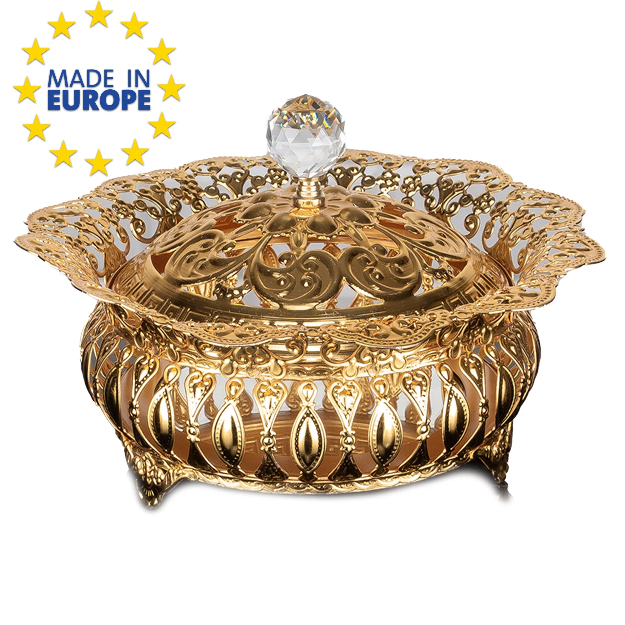Handmade Fancy Sugar Serving Bowl with Lid and Crystal Top, Stainless Metal Decorative Candy Dish, Footed Gold Candy Jars for Office Desk, 8.7 in