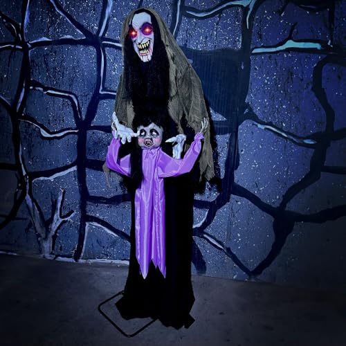 Haunted Hill Farm 5.25-ft. Standing Gravekeeper Animatronic, Indoor or Covered Outdoor Life-Size Halloween Decorations, Halloween Animatronic with Red LED Eyes and Sound Effects, Battery-Operated