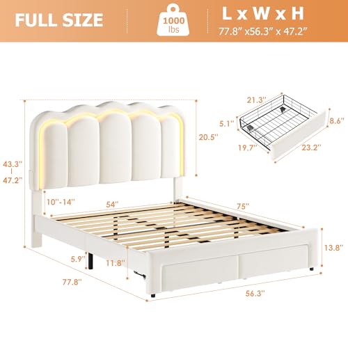 Twin Upholstered LED Bed Frame with Storage Drawer and Adjustable Chic Double Wavy Headboard, Velvet Princess Platform Bed for Kids/Girls, Solid Wood Slats Support, No Box Spring Needed, Beige