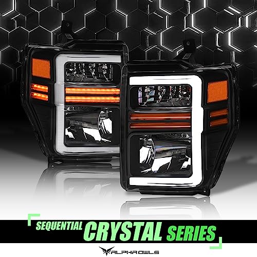 Alpha Owls 8717691 Crystal Headlights With White LED Light Bar & Sequential Signal Light - Black Amber Fits 2008-2010 Ford F250 F350 F450 / F-250 F-350 F-450 Superduty
