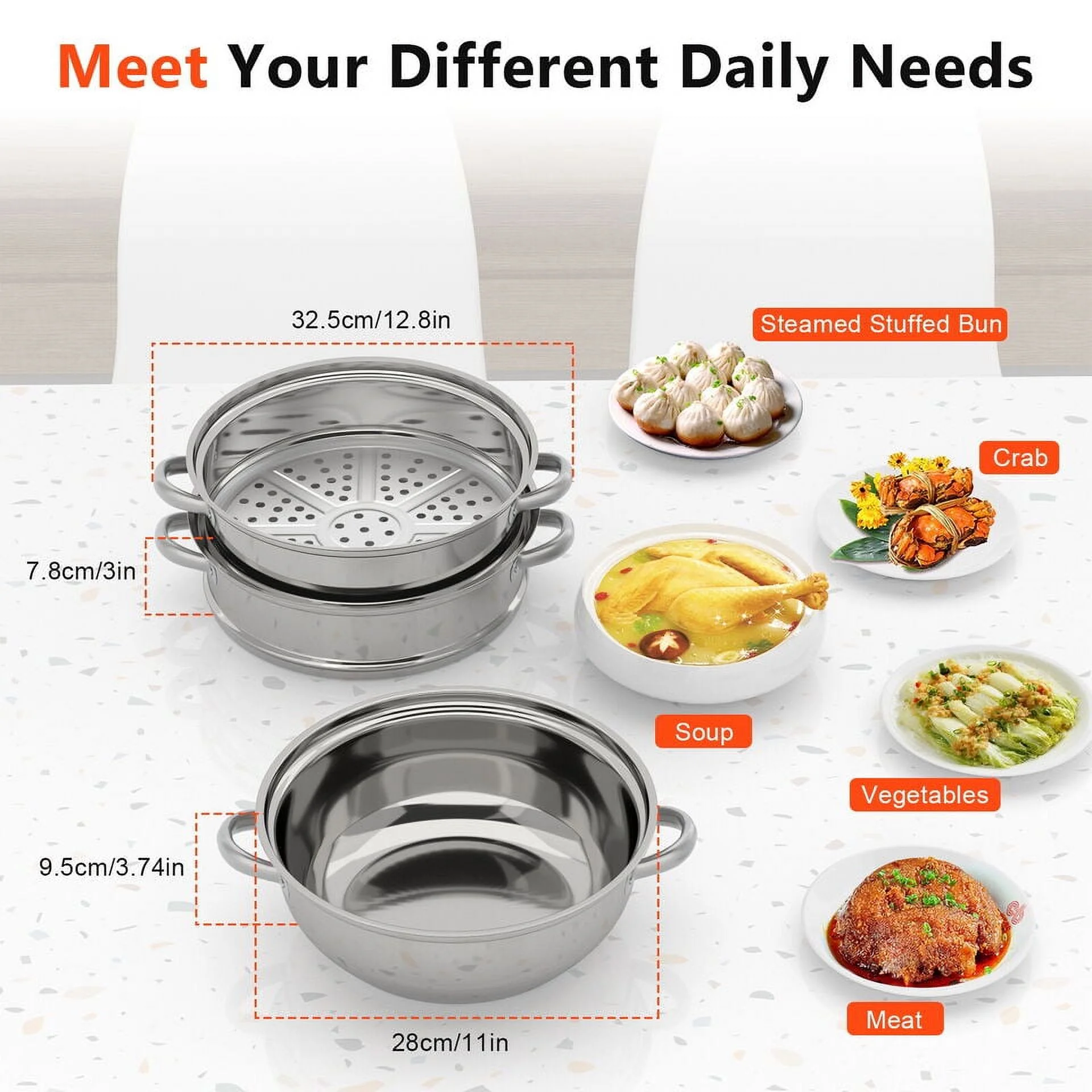 Steamer Hot Pot Stainless Cooker Steel Steam Pot Food Cooking + Glass Lid 3 Tier