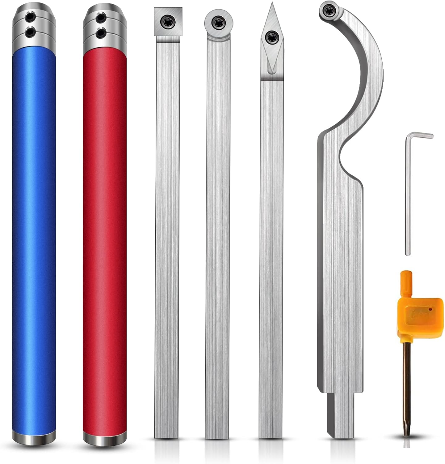 Carbide Tipped Wood Lathe Turning Tools Set, Full Size Lathe Rougher Finisher Swan Neck Hollowing Tools and Interchangeable Aluminum Alloy Grip Handle with Diamond Round Square Carbide Inserts