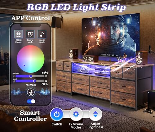 Huuger 63 Inch Dresser TV Stand with LED Lights, Power Outlets and USB-C Port, 12 Fabric Drawer Dresser for Bedroom, Wide Entertainment Center for 65, 70 Inch TV, Open Shelf, Black