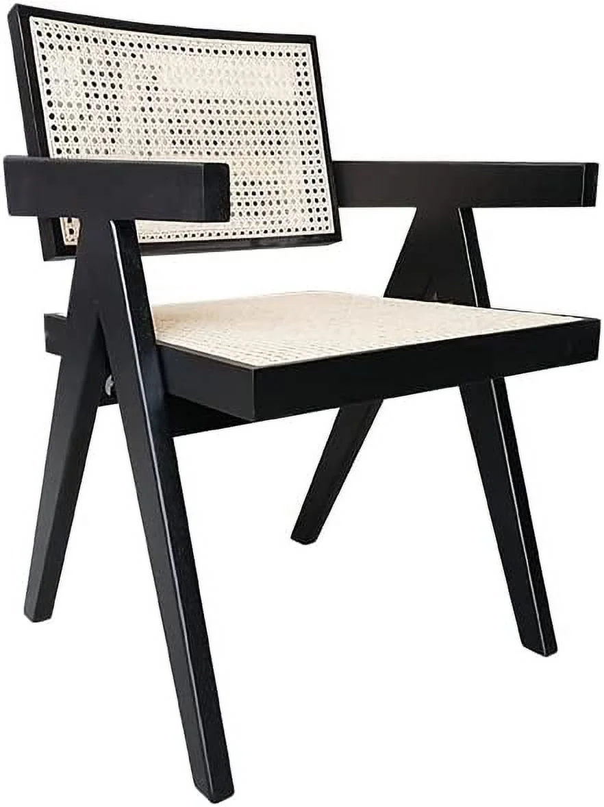 First of a Kind Rattan Cane Dining Chair - Mid-Century Modern Chairs with Mesh Back - Comfy Side Chair with Arms for Dining Room – Farmhouse Wooden Frame Accent Chair for Kitchen - Black
