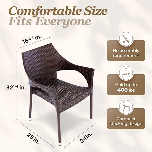 IDZO Etonnant Outdoor Dining Chairs Set of 4, 2000 Hours UV Wicker, Supports 400lbs, Stackable with Curved Armrest and Powder-Coated Steel Frame, Ideal for Patio, Garden, Balcony, and Outdoor Use