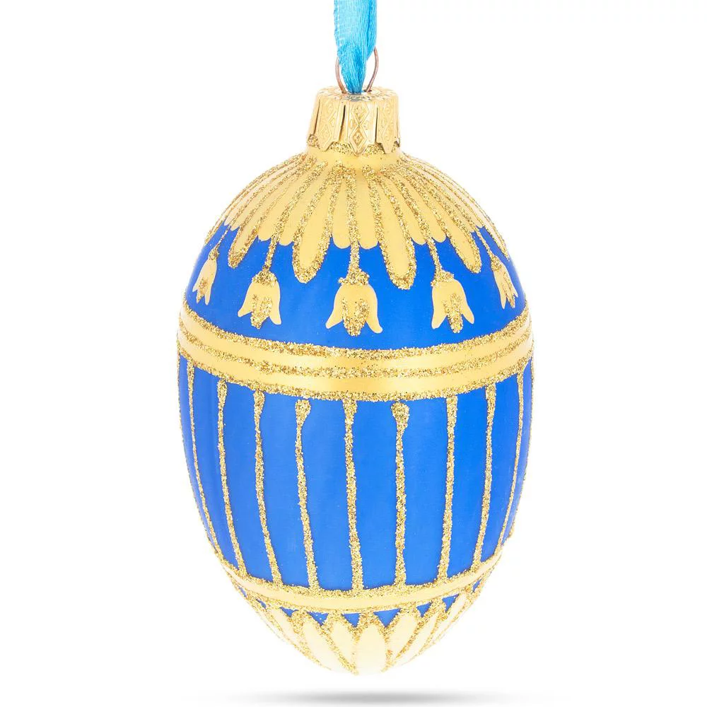 1885 Blue Enamel Ribbed Royal Egg Glass Ornament 4 Inches