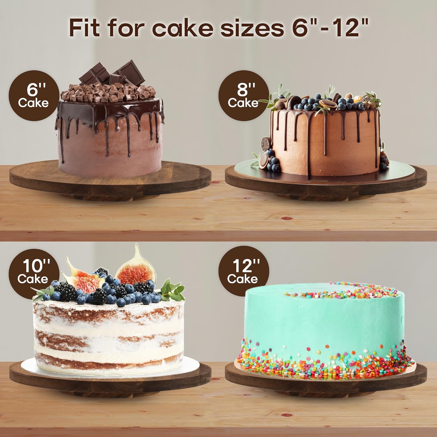 NWK Wood Cake Stand-Lazy Susan-360° Turnable Organizer Acacia Wood for up to 12inch Cake Display for Cabinet Kitchen Rustic Birthday Wedding Party Home Decoration