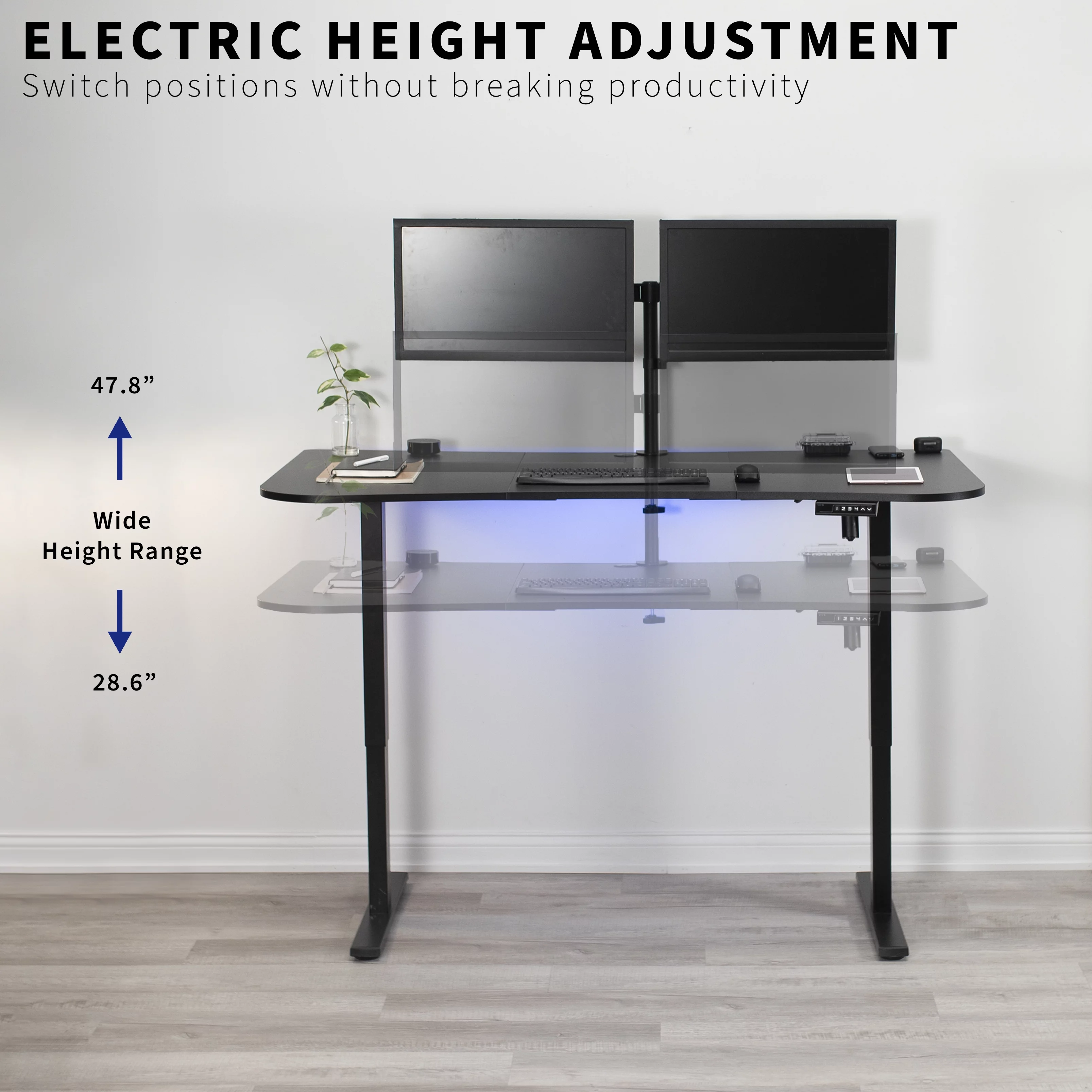 VIVO Electric 63” x 32” Stand Up Desk, Light Wood 3 Part Table Top, White Frame