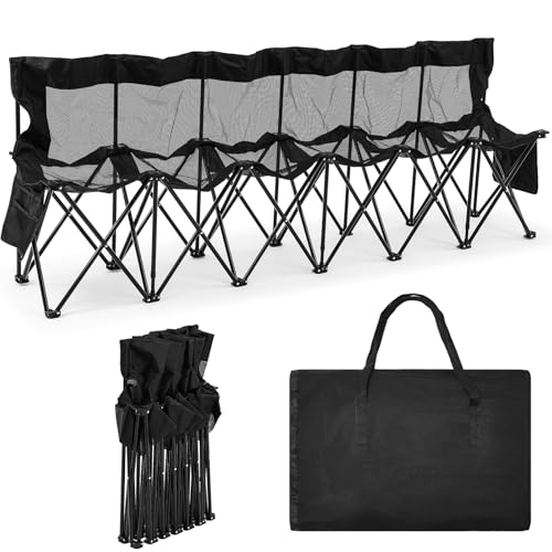 Kigley Portable 6 Seater Folding Team Sideline Sports Bench with Mesh Seat and Back, Sports Team Bench for Soccer Football Sidelines, Tailgating, Camping Events 100''L 32''H 16''W(Black)