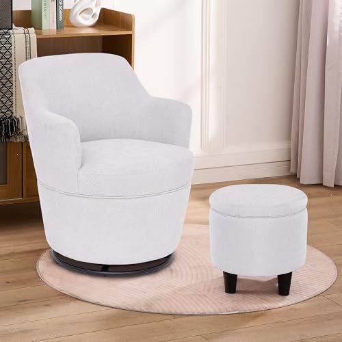 360° Swivel Accent Chairs with Ottoman, Modern Comfy Fabric Barrel Living Room Chair, Leisure Bedroom Armchair with Footstool, Blue