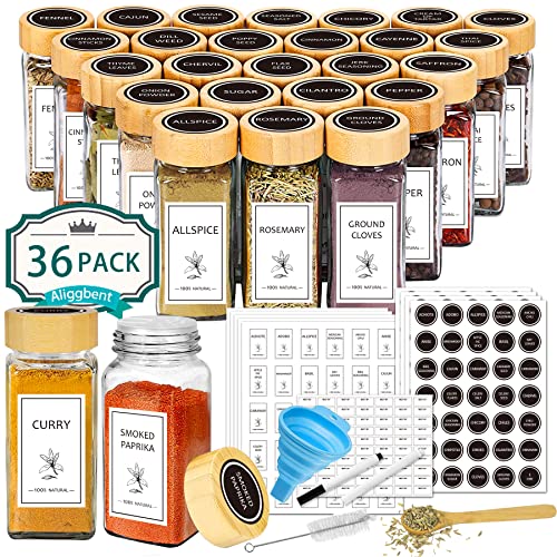 Spice Jars with Lable, 48 Pcs 4 oz Glass Spice Jars with Bamboo Lids, Spice Containers Bottles, Glass Seasoning Jars with Shaker Lids, Collapsible Funnel, for Spice Racks, Pantry,Cupboard
