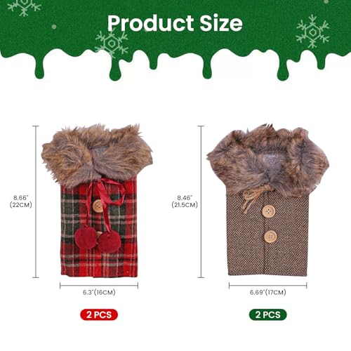 4 Pieces Christmas Wine Bottle Cover Set with Burlap and Plaid Faux Fur Designs Wine Bottle Sweater Clothes for Xmas Wedding Birthday Holiday Party Decorations
