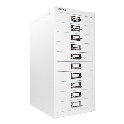 Bisley 10-Drawer Steel MultiDrawer Cabinet - Black, Chrome Pull Handles with Label Holders, Powder-Coated Steel, Removable Drawers, Fits Under Most Desks, Labels Included