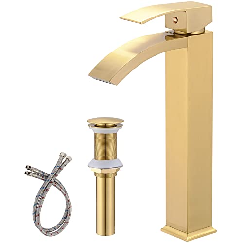 Brushed Nickel Vessel Sink Faucet, Waterfall Bathroom Faucets, Tall Spout Single Handle Single Hole Bathroom Faucets with Pop Up Drain and Without Overflow Basin Faucet Supply Line