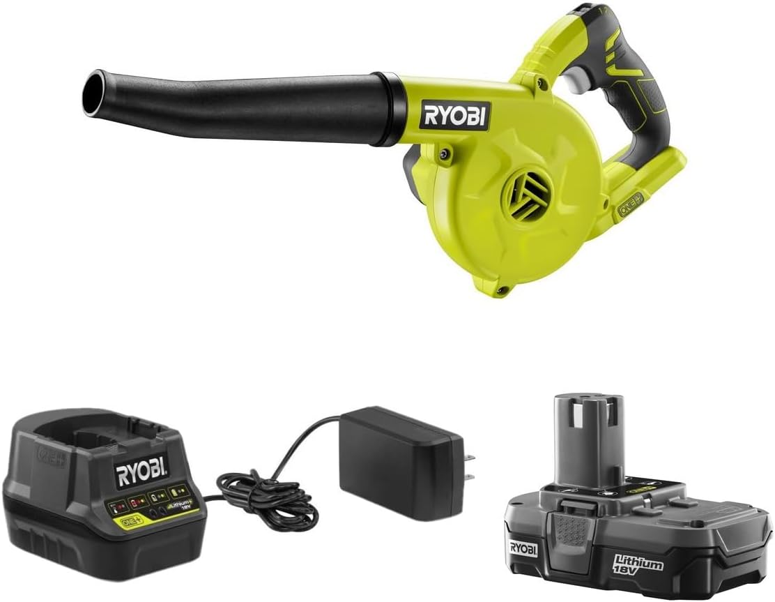Ryobi 18-Volt ONE+ Cordless Compact Workshop Blower Kit with Battery & Charger, (Non-Retail Packaging)