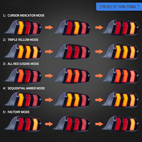 VLAND LED Rear Lights Compatible with Mustang 2015-2023 w/Sequential Turn Signal (5-Modes Switchable Lighting), Clear Lens Taillight Assembly, Passenger&Driver Sides (Clear)