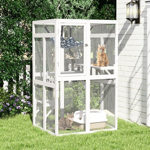 COZIWOW Catio Outdoor Cat Enclosure Window Access, Wooden Cat House Shelter, Kitty Cage with 3 Platforms for Patio Indoor (White)