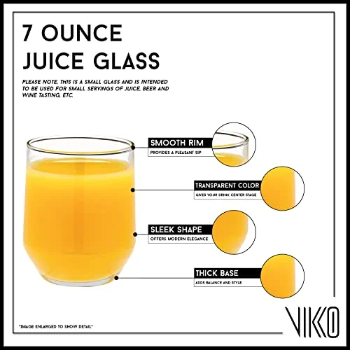 Vikko Juice Glasses, 7 Ounce Cups for Drinking Orange Juice, Water, Kids Glass Drinking Glasses for Tasting, 7 oz Juice Glass, Set of 6 Clear Glass Tumblers