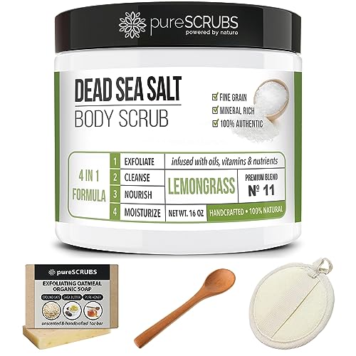 pureSCRUBS Premium Eucalyptus Body Scrub Set - Large 16oz Dead Sea Salt Body Scrub With Infused Essential Oils & Nutrients, Includes Wooden Spoon, Loofah & Oatmeal Exfoliating Bar Soap