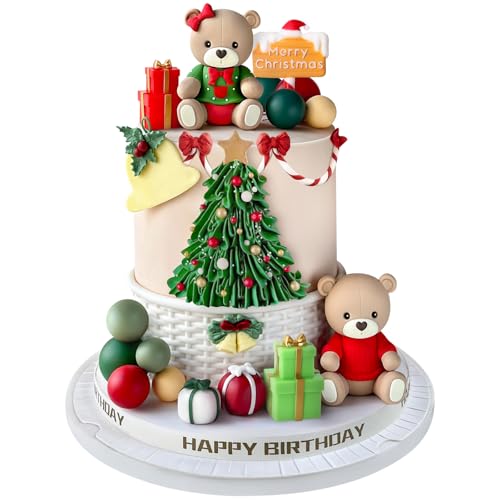 14pcs Christmas Cake Topper Merry Christmas Cake Topper with Bear Gifts Balls Cake Decorations for Winter Xmas Theme Birthday Happy New Year Party Decorations