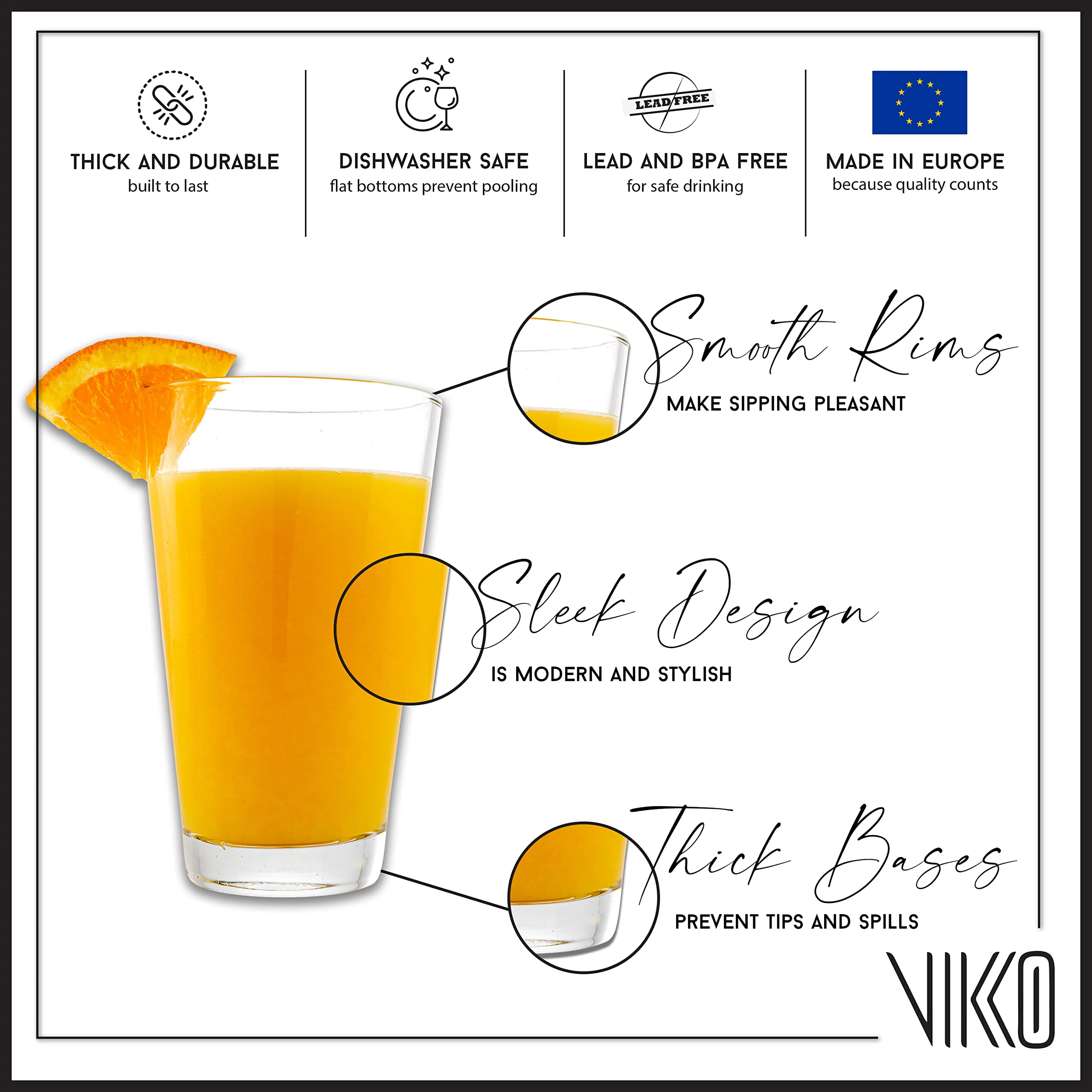 Vikko 9.5 Ounce Water Tumblers | All Purpose Drinking Glasses  Thick and Durable Construction  Tapered Design  Dishwasher Safe Set of Six Tall Glass Tumblers