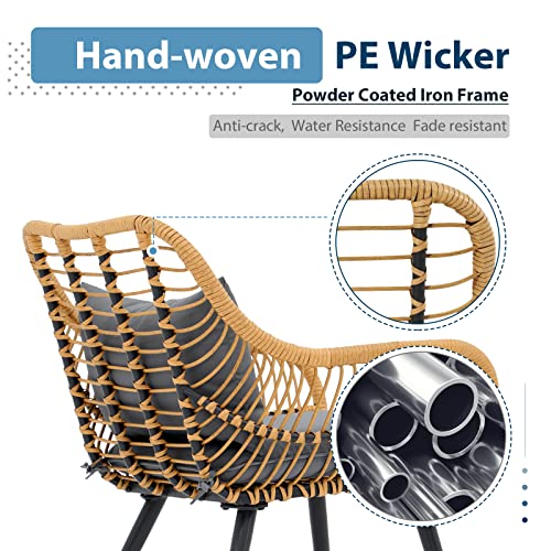 JOIVI 3 Piece Patio Bistro Set, Wicker Outdoor Patio Set with Enhanced Comfort Seating, Round Glass Top Coffee Side Table, Patio Rattan Conversation Set for Balcony, Lawn, Garden, Backyard, Black