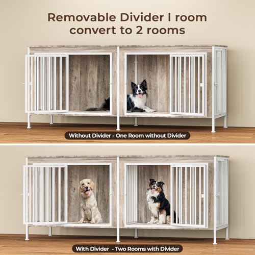 63 Inch Dog Cage Furniture for 2 Medium/Large Dogs with Sturdy Removable Divider, Extra Large Double Doors Dog Kennel, XXL Thick Wooden Dog cage Furniture, Dark Grey
