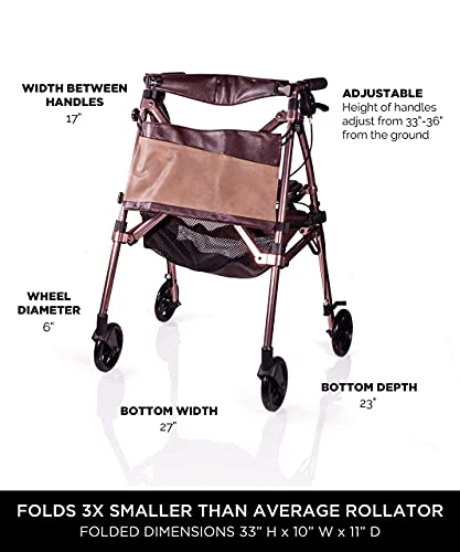 Elite Travel Rollator Short, Junior Foldable and Lightweight 4-Wheel Rolling Walker with Seat for Adults, Seniors, and Elderly, Petite Portable Rollator with Locking Brakes and Pouch