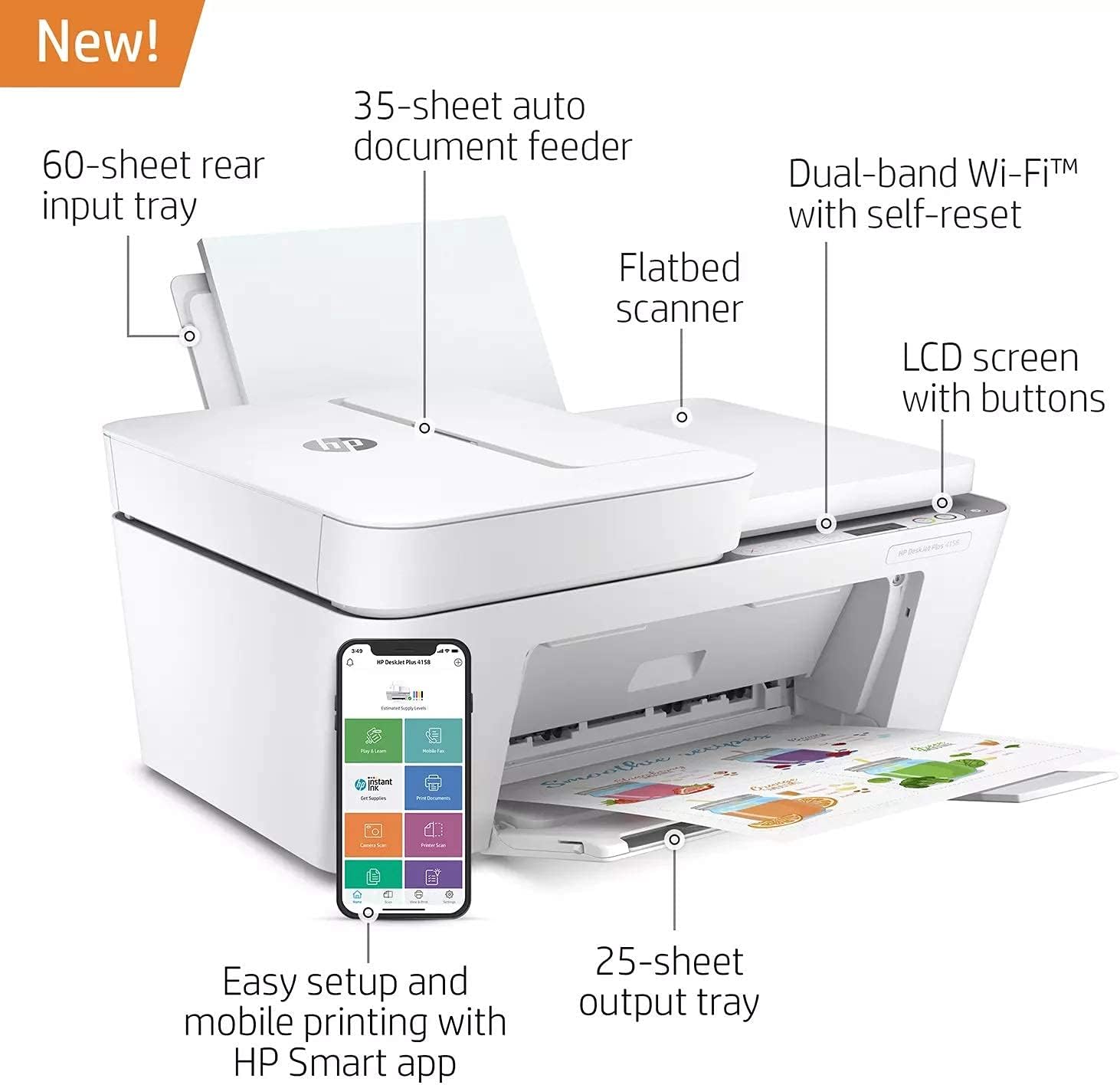 HP DeskJet Plus 4158 All-in-One Wireless Printer, Scan, Copy, Instant Ink Ready, 7FS76A (Renewed)