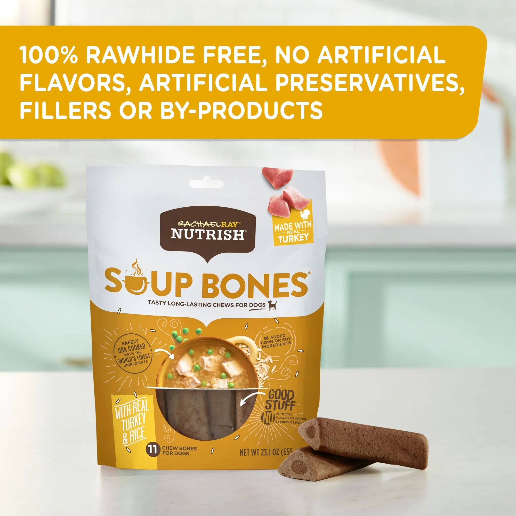 Rachael Ray Nutrish Soup Bones Dog Chews With Real Turkey & Rice, 3 Dog Chews